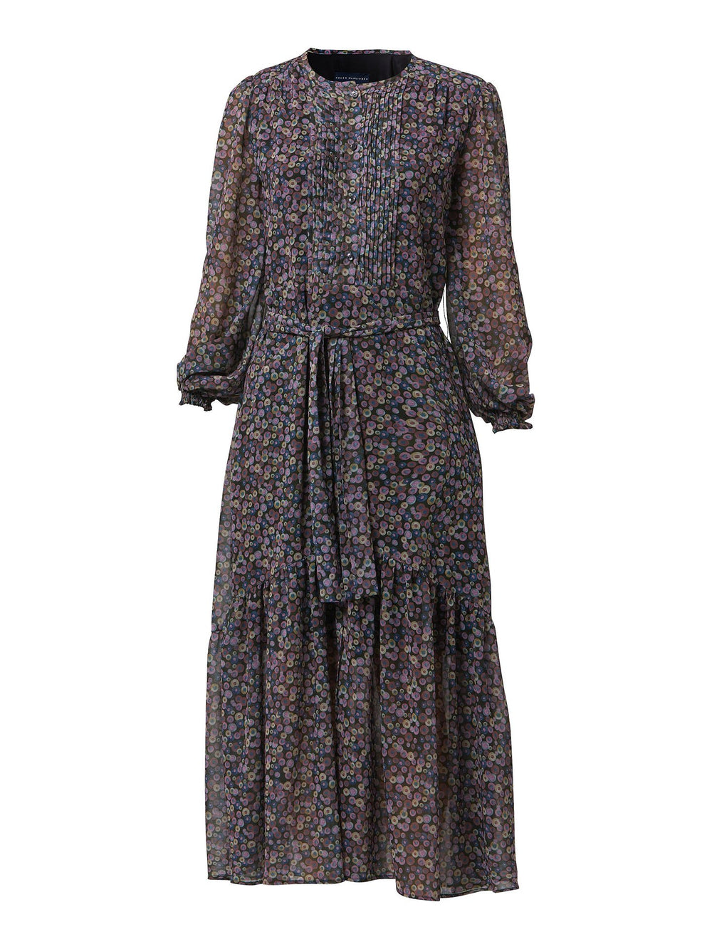 Opt for izzy, the ultimate take-you-anywhere dress. Crafted in breathable viscose georgette in a random multi-coloured dot print. Cut to a fluid silhouette for a timeless mood with a modern look. Note the delicate pin tucked detailed bodice, grandfather collar and flattering flowing skirt. 
