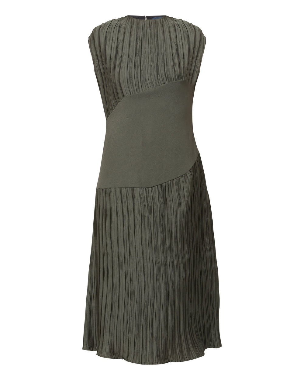 Opt for june, elegant dressing redefined. A simple slip on dress in an olive polished pleated fabric. Cut to a fluid easy fitting silhouette for a timeless mood with a modern look.