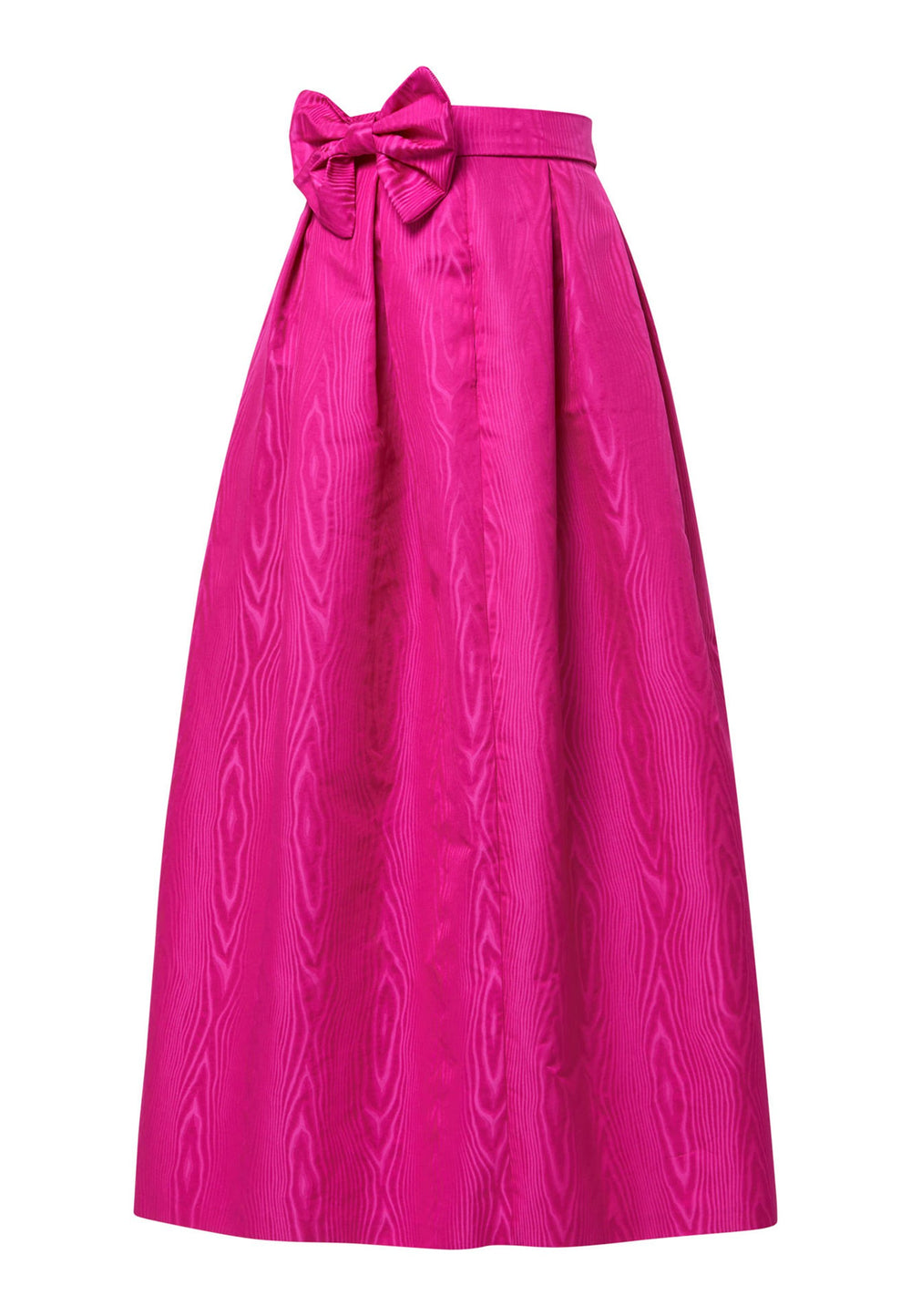Introducing the Kennedy Cerise Pink Skirt, a sophisticated and chic piece inspired by 1950s fashion. This full-length A-line skirt features a stiff structure, reminiscent of the iconic 50s style. The moire pattern adds a unique and elegant touch to the design, creating a captivating visual effect. Complete with pleats around the waistline and a detachable bow belt, this skirt captures the essence of timeless glamour. 