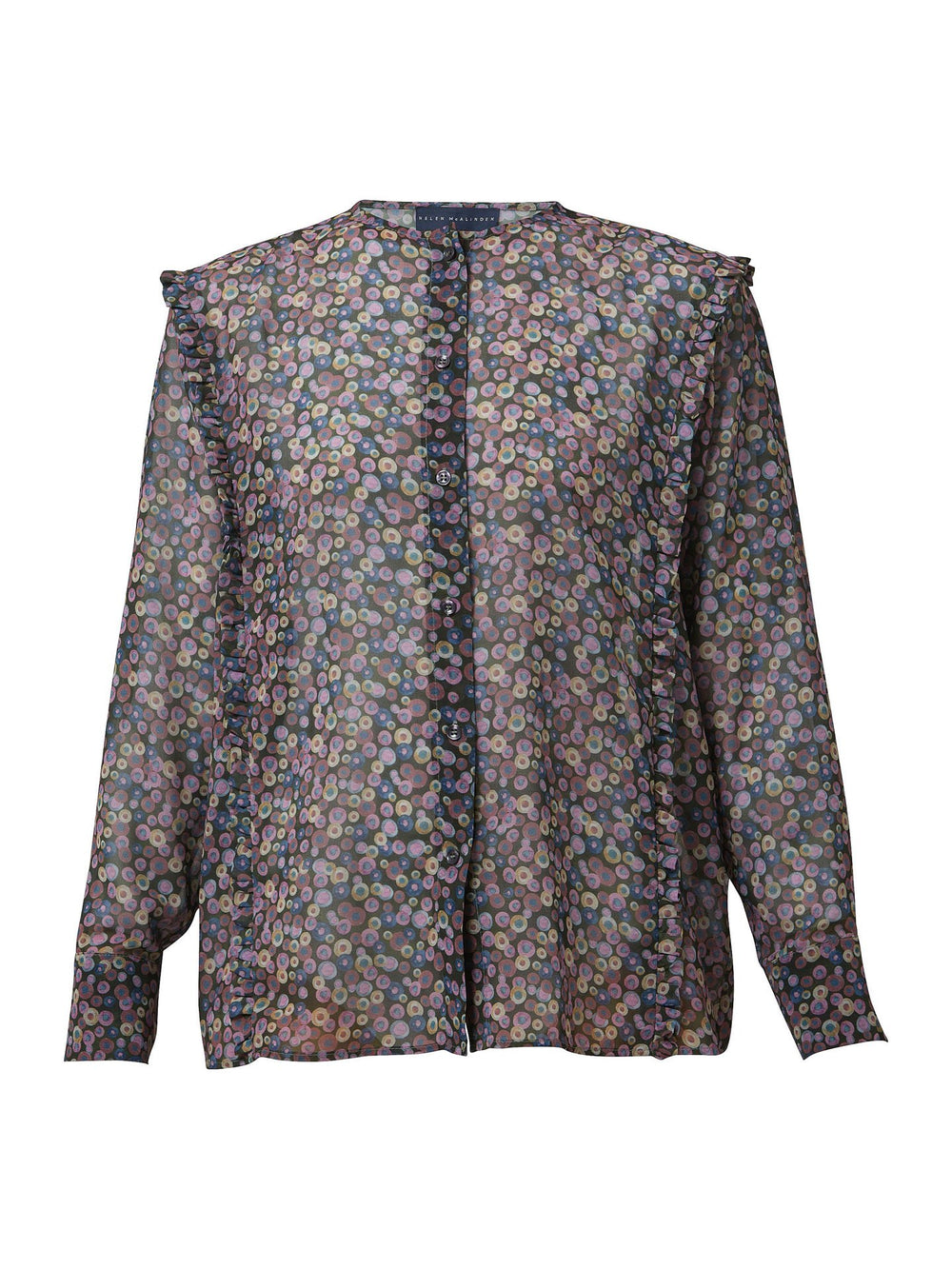 Give your everyday wardrobe an upgrade with the lauren jewel neck blouse. Cut in soft-touch viscose georgette in a irregular multi-coloured dot print. This easy silhouette is defined by discreet ruffle that runs from hem to hem over the shoulder. Lauren has been designed to add interest to the everyday.