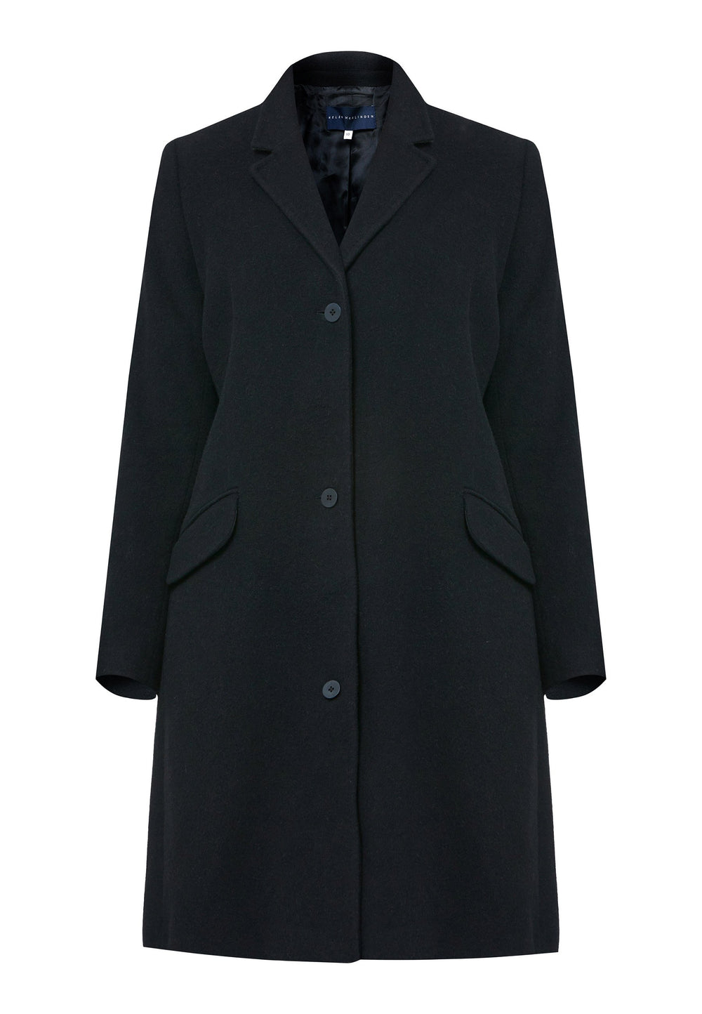 Introducing the Leighton Black Coat, a stylish and sophisticated wardrobe investment. Crafted from a wool and cashmere blend melton, this knee-length coat offers both warmth and style. Inspired by refined men's tailoring, it features a tidy collar and revere. The coat also boasts a striking bright green undercollar, adding a touch of uniqueness and visual interest.