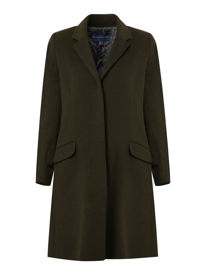 First impressions count, and that's exactly what great outerwear is. Invest in your wardrobe's hardest-working layer. Opt for the lisa coat. Our updated crombie. It's cut from a wool blend dark olive melton.. Note the tidy collar & revere inspired by mens tailloring. Features handy flap pockets & concealed buttons. This knee-length coat ensures stylish winter warmth.