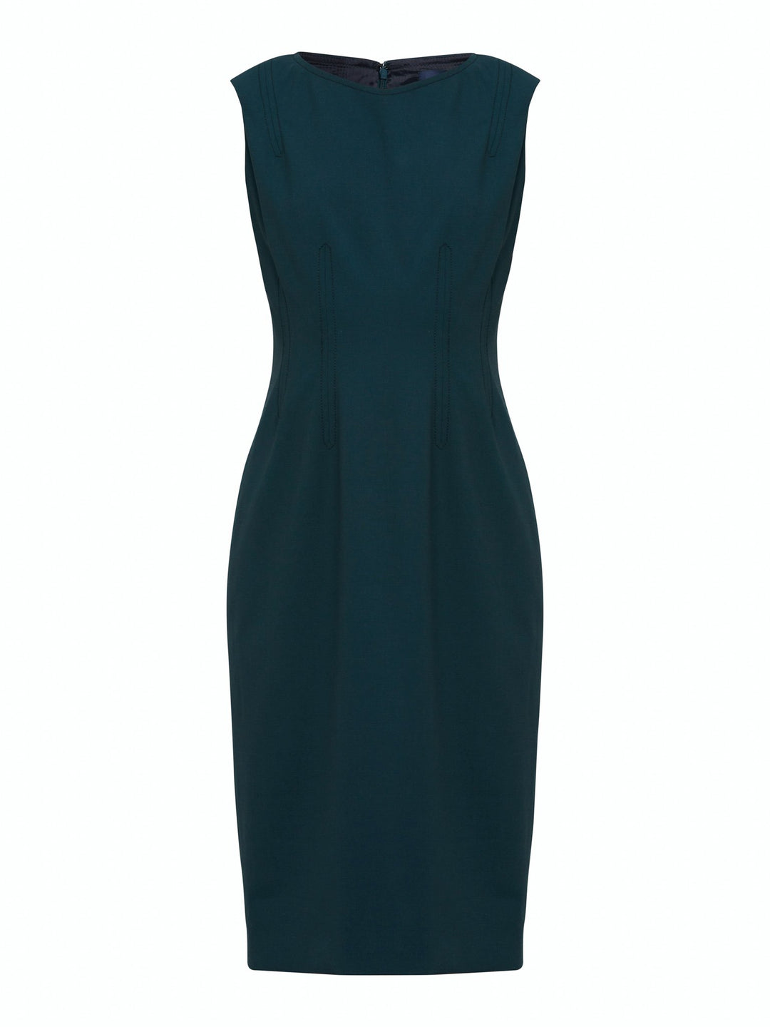 Livia, an elegant sleeveless dress, fabricated in woolen crepe. An expertly tailored form-flattering silhouette that falls right over the knee, with a hint of elastane to ensure comfort & ease of movement. 