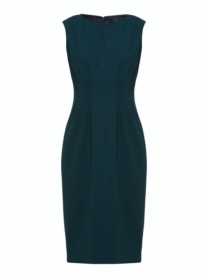 Livia, an elegant sleeveless dress, fabricated in woolen crepe. An expertly tailored form-flattering silhouette that falls right over the knee, with a hint of elastane to ensure comfort & ease of movement. 