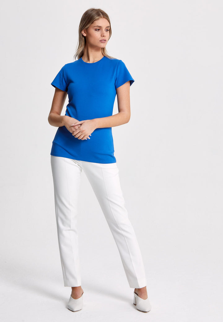 Our best-selling take on a classic T-shirt. Luxe stretch jersey and a neat round neck make this one of our most revered essentials. Cut here from a striking Cobalt blue.