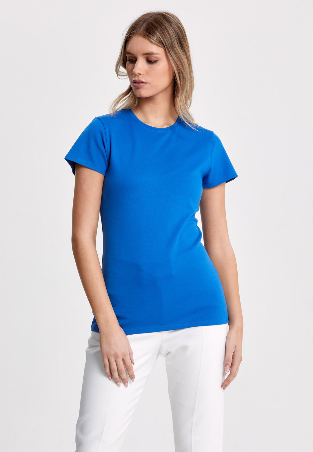Our best-selling take on a classic T-shirt. Luxe stretch jersey and a neat round neck make this one of our most revered essentials. Cut here from a striking Cobalt blue.