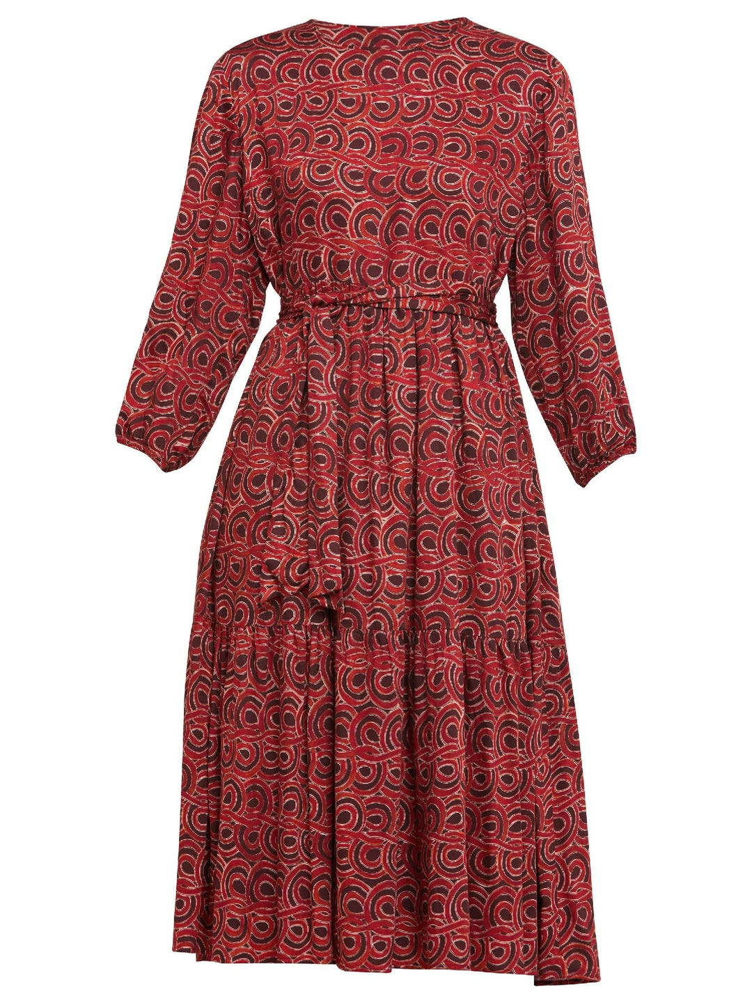 Louis, an easy smock dress. Crafted in a fluid, red & russet tone, abstract print viscose. An empire line dress with handy pockets & a softly gathered two-tier skirt that falls to the mid-calf. Offers a delicate keyhole back neck & a matching belt. Style with a tan boot for a 70's vibe.
