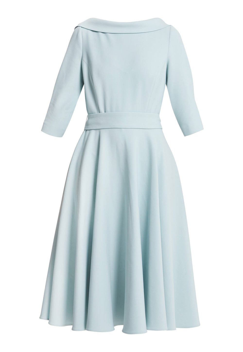 Luna is a captivating choice for your upcoming occassions. An elegant dress with a cowl collar that ties at the back . Cut from a summer mist tone in our signature sustainably sourced trictotine with a hint of stretch. The silhouette is rooted in simplicity with a fitted bodice and flared skirt. Features side seam pockets and a detachable belt. Attending a summer wedding? Mother of the bride? Heading to the races? This is the dress for you. Simply pair with heels to compliment this elegant design.
