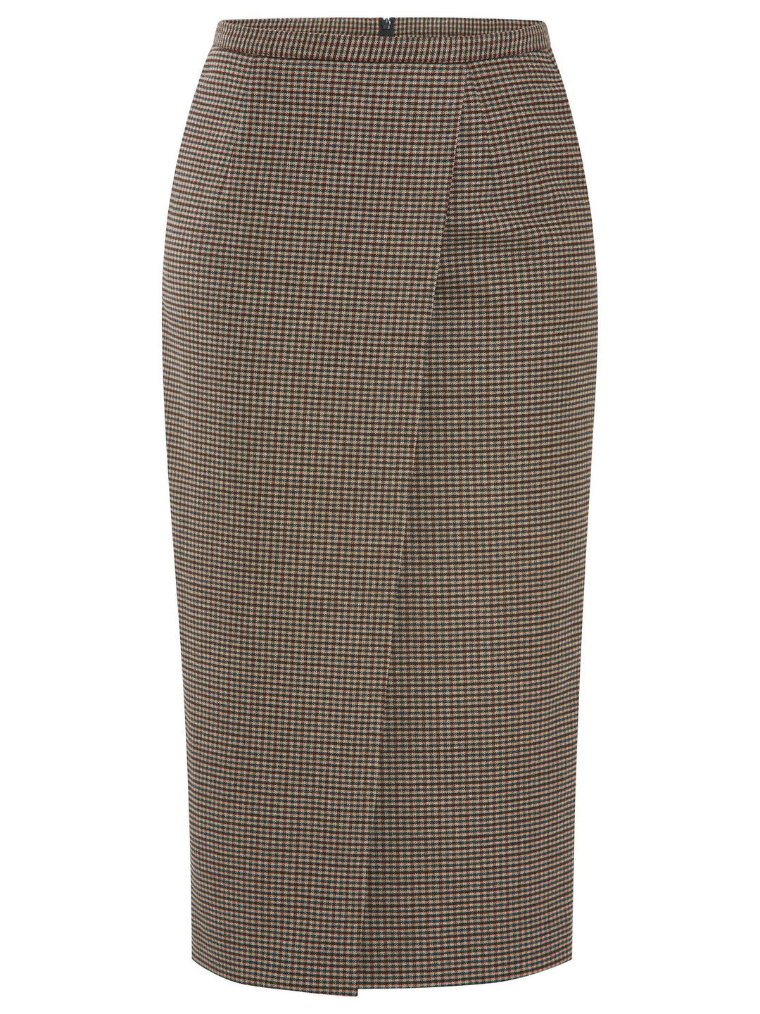 A faux wrap, mid calf length pencil skirt in a soft handle micro check. Sophisticated city style with a hint of heritage. 