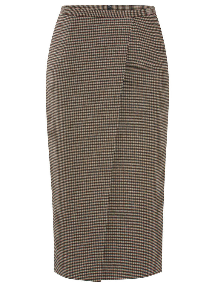 A faux wrap, mid calf length pencil skirt in a soft handle micro check. Sophisticated city style with a hint of heritage. 