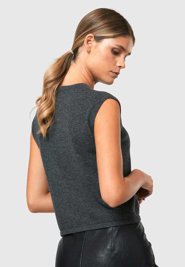 The Marlena Grey Cashmere Sweater-Vest is a sleeveless round-neck top that offers versatile styling options. Wear it as a simple underpinning for the matching ballet wrap to complete a coordinated look. Alternatively, layer it as a sweater vest over your favorite crisp white shirts for a stylish and contemporary outfit. Made from luxurious cashmere, the Marlena Sweater-Vest adds an extra layer of comfort and sophistication to your wardrobe.