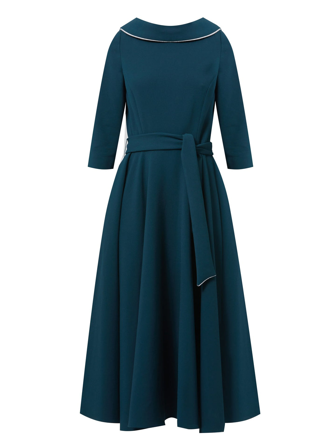 Introducing Marilyn, a dress that exudes the timeless allure of Hollywood glamour. Meticulously crafted from a rich jade tricotine fabric infused with a touch of stretch, it offers both elegance and comfort. The focal point of this dress is the flattering wide cowl collar adorned with sophisticated silver trim, adding a touch of sophistication to the design. 