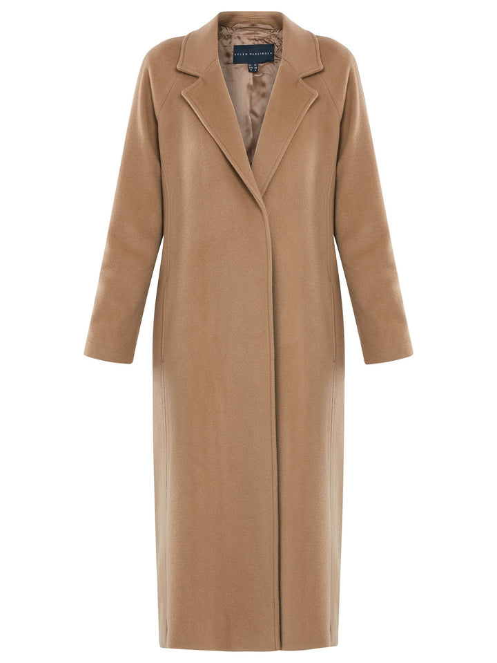Camel Cashmere blend coat. A long relaxed silhouette with pockets & a detachable belt