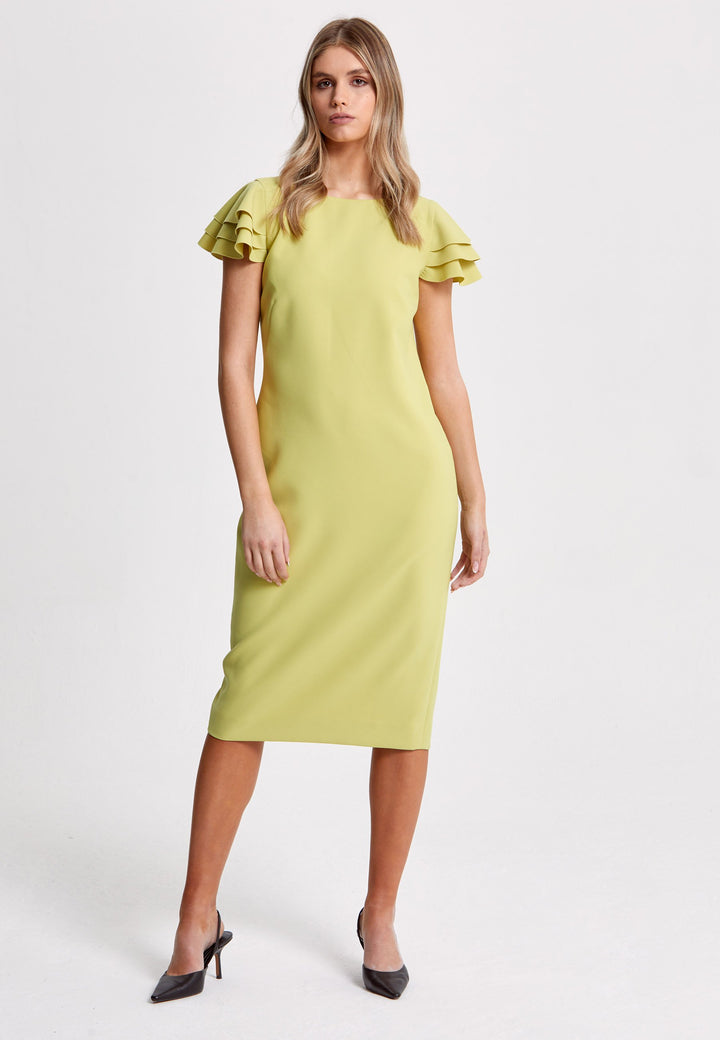 Turn Heads at your upcoming occasions In this striking citrus shift dress. Engineered with a flirty tripple tiered frill cap sleeve. Heighten the drama of this piece with your favourite accessories and heels. Attending a summer wedding? Mother of the bride? Heading to the races? This is the dress for you.