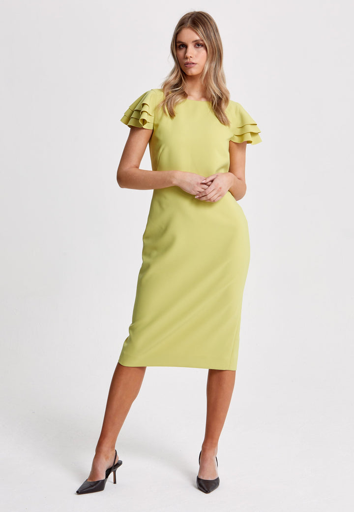 Turn Heads at your upcoming occasions In this striking citrus shift dress. Engineered with a flirty tripple tiered frill cap sleeve. Heighten the drama of this piece with your favourite accessories and heels. Attending a summer wedding? Mother of the bride? Heading to the races? This is the dress for you.