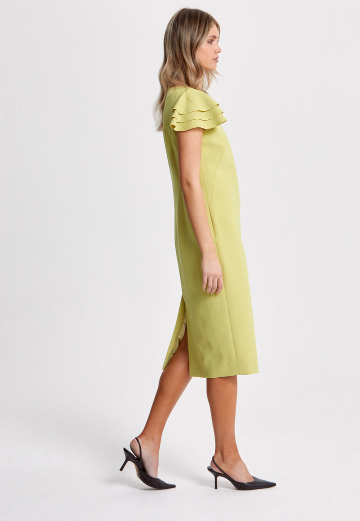 Turn Heads at your upcoming occasions In this striking citrus shift dress. Engineered with a flirty tripple tiered frill cap sleeve. Heighten the drama of this piece with your favourite accessories and heels. Attending a summer wedding? Mother of the bride? Heading to the races? This is the dress for you.