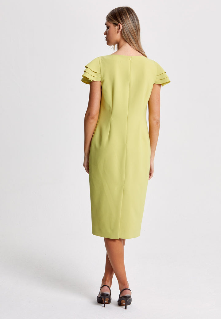 Turn Heads at your upcoming occasions In this striking citrus shift dress. Engineered with a flirty tripple tiered frill cap sleeve. Heighten the drama of this piece with your favourite accessories and heels. Attending a summer wedding? Mother of the bride? Heading to the races? This is the dress for you.