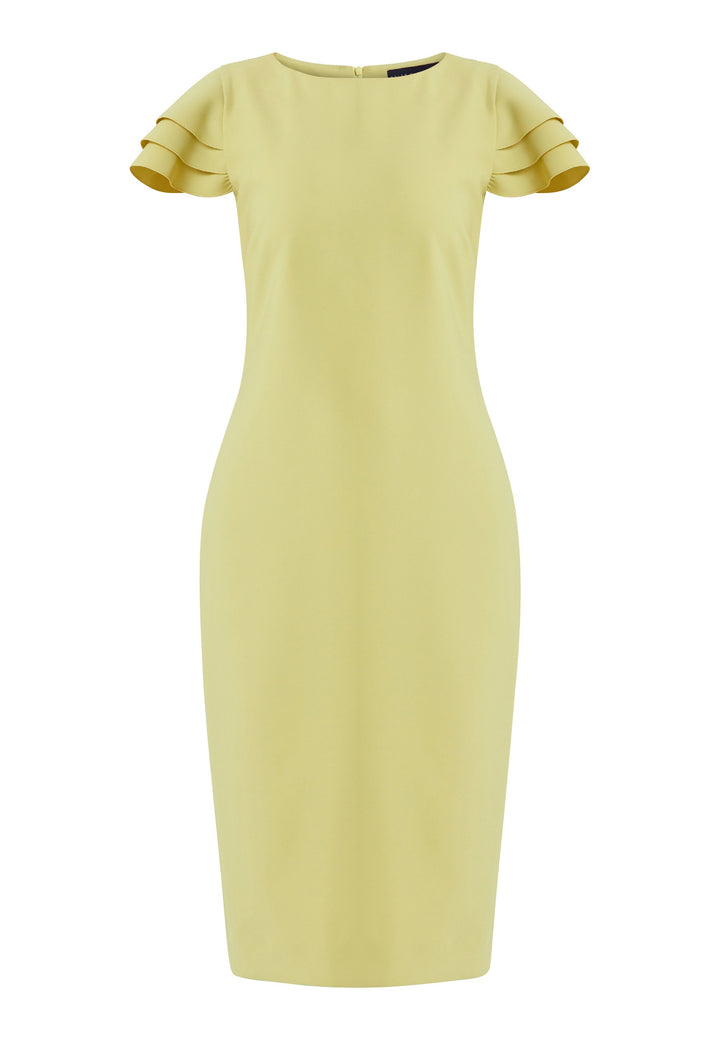 Turn Heads at your upcoming occasions In this striking citrus shift dress. Engineered with a flirty tripple tiered frill cap sleeve. Heighten the drama of this piece with your favourite accessories and heels. Attending a summer wedding? Mother of the bride? Heading to the races? This is the dress for you.