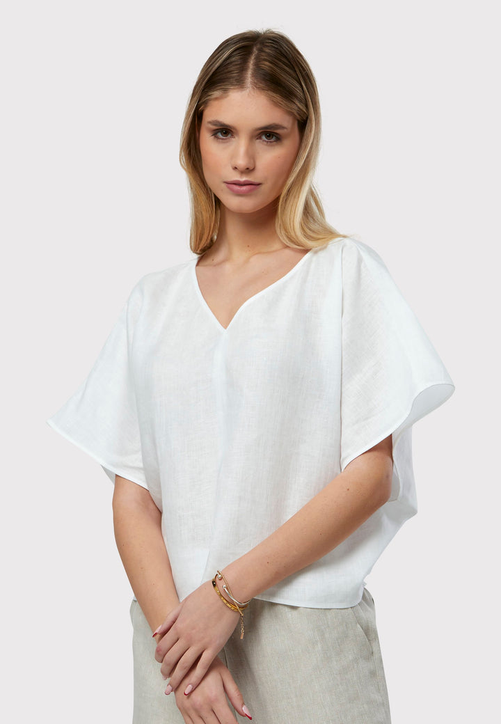 Quinn White Linen Shirt offers an effortless warm-weather look, crafted from breathable pure linen with a flattering v-neck design. Its easy fit ensures summer comfort, complemented by subtle pleat detailing on the back hem for added style.