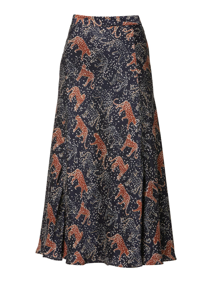slip skirt in fun tiger print. The Hip skimming silhouette flares below the knee and falls to the mid-calf. 
