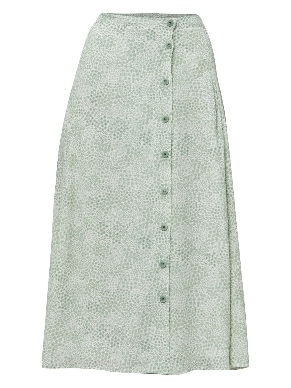 The essential summer skirt. Meet Sadie, a vintage bi-color mini floral in viscose crepe. Off-centered button through A-line silhouette with an elasticated back waistband. Relaxed elegance for everyday life. Style with our white timeless tops or dress it down with the Khloe tea-green sweatshirt.