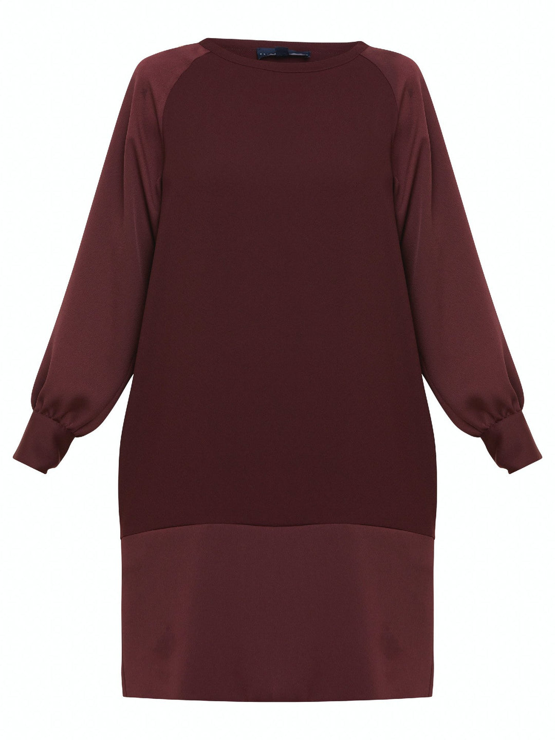 Sarah, a simple easy-fit shift dress. Crafted in a satin back crepe in rich burgundy. Features a satin raglan sleeve & a deep satin band at the hem which adds elegance to this versatile piece. Offers handy side seam pockets for added comfort and functionality. A fresh take on occasion wear.