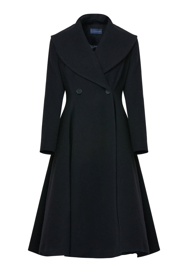Step into 50s glamour with the Scarlett Black Coat, a captivating outerwear crafted from a wool and cashmere blend melton. This fit & flare silhouette boasts an oversized shawl collar, cinched waist, and convenient side seam pockets. Perfect for winter weddings or any occasion where you desire a touch of glamour and warmth, the Scarlett Black Coat combines style and functionality in one stunning piece.