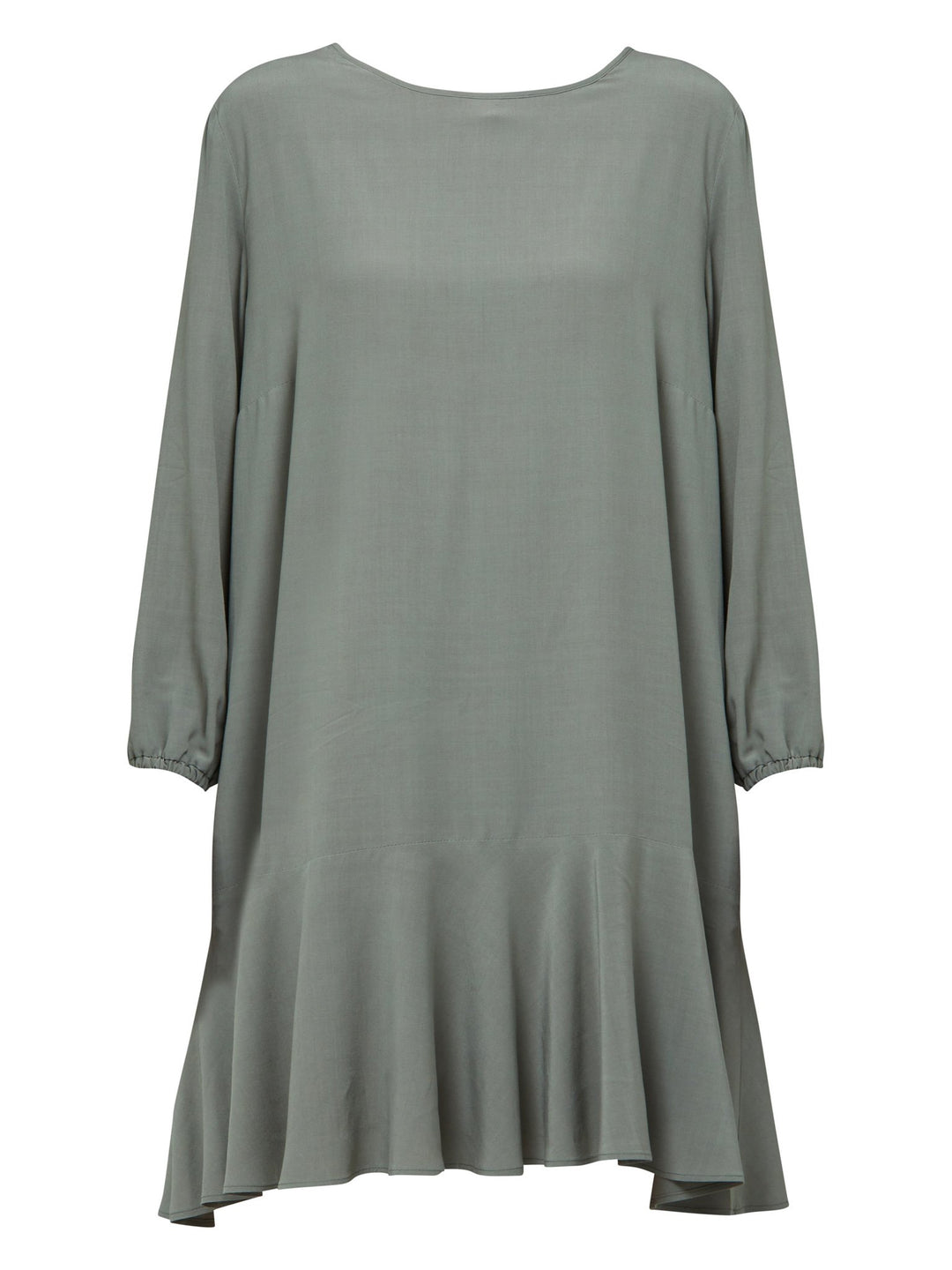 Sheila, a great everyday dress. Crafted in our fluid lichen green viscose crepe. A flirty knee-grazing shift dress with a soft elasticated cuff sleeve that falls to a deep frill hem with a jewel neckline and key-hole back detail. For everyday comfort style with trainers. Elevate your mood with this fun piece.