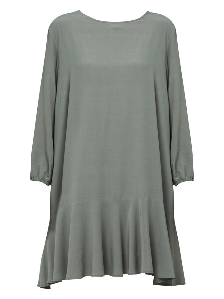 Sheila, a great everyday dress. Crafted in our fluid lichen green viscose crepe. A flirty knee-grazing shift dress with a soft elasticated cuff sleeve that falls to a deep frill hem with a jewel neckline and key-hole back detail. For everyday comfort style with trainers. Elevate your mood with this fun piece.
