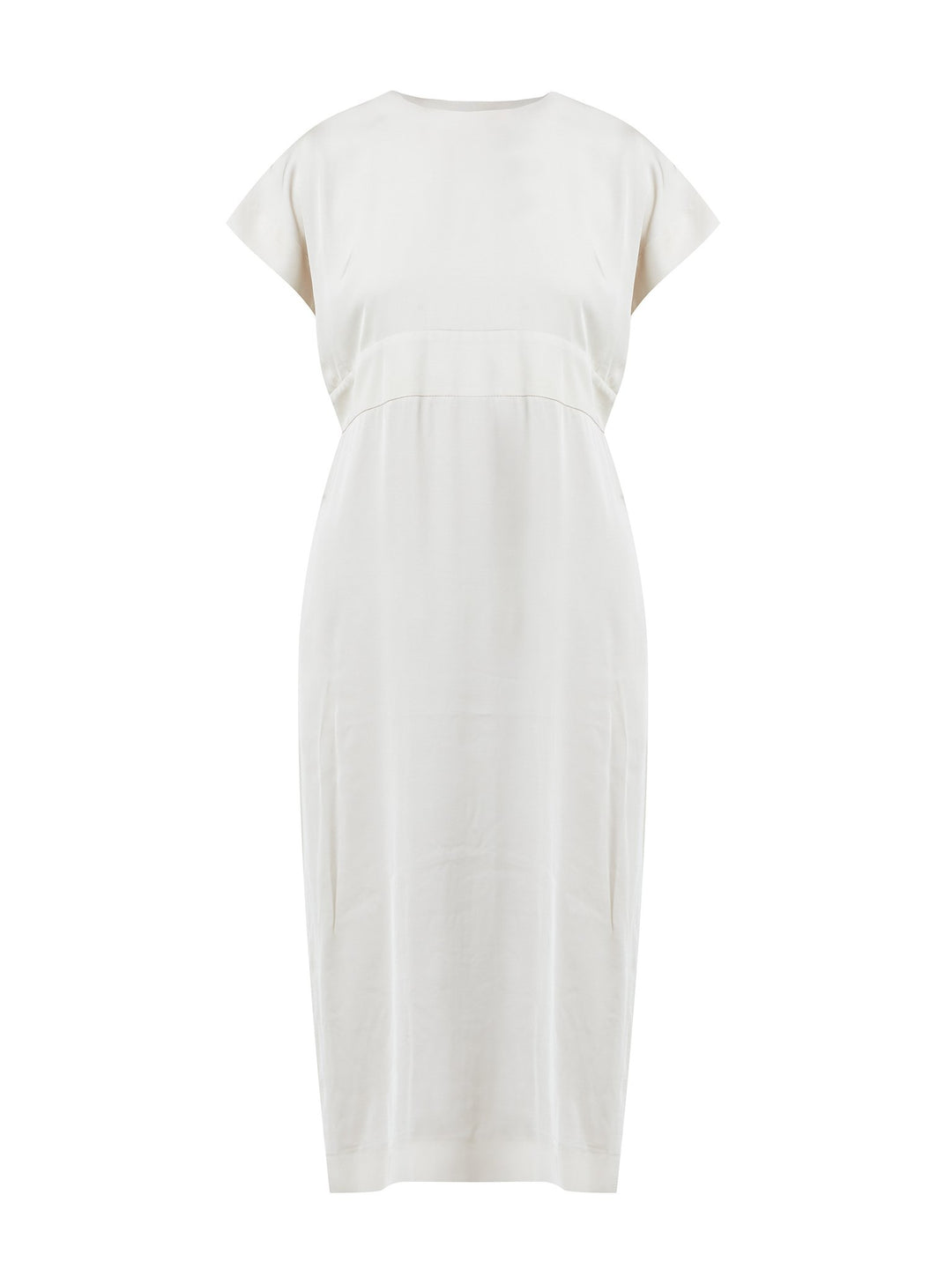 Helen McAlinden Shiv Ivory Dress in a Woven Satin. Classic Occasionwear, modernised.  The Perfect Wedding Guest Dress.