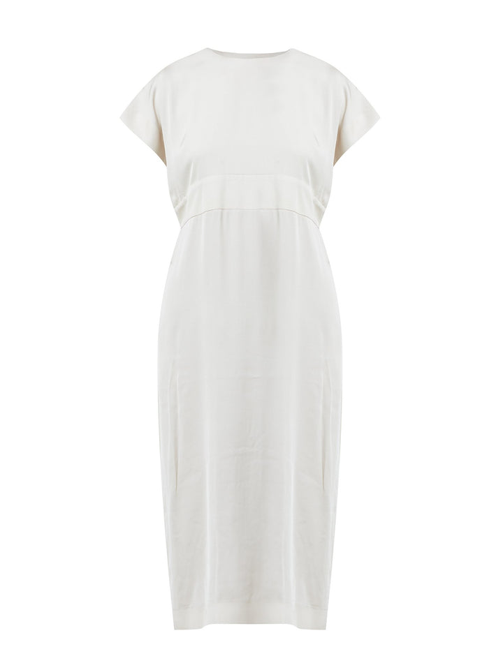 Helen McAlinden Shiv Ivory Dress in a Woven Satin. Classic Occasionwear, modernised.  The Perfect Wedding Guest Dress.