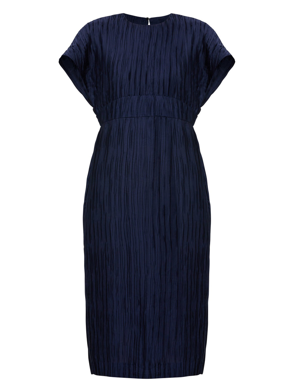 The Elegant Shiv dress redefined in a navy polished pleated fabric. An easy-fitting silhouette that falls to the mid-calf and features a side slit, pockets, and an elegant key-hole back neck detail. . Attending a summer wedding? Mother of the bride? Heading to the races? This is the dress for you.