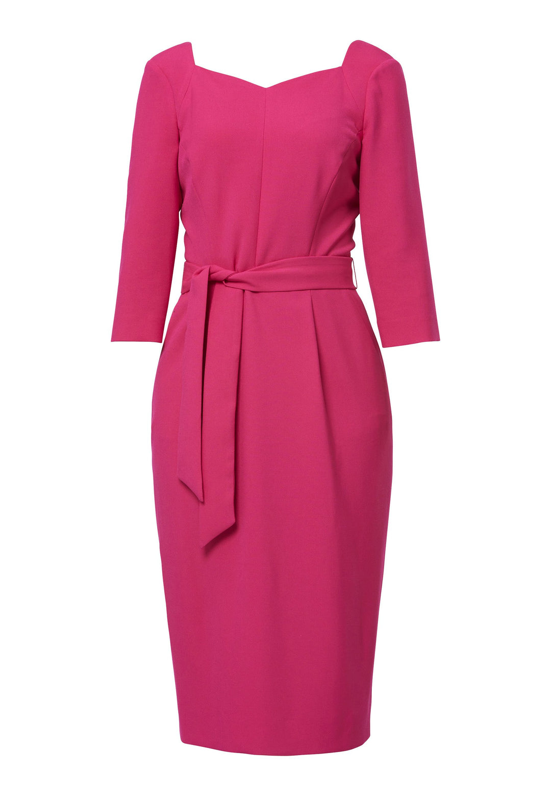 Introducing the Thea Cerise Pink Dress, a stunning reinterpretation of a classic Helen McAlinden silhouette. It features practical pockets, a detachable belt, and a pencil skirt that gracefully falls to a mid-calf length, allowing for a sophisticated and refined look. The inclusion of a back vent ensures ease of movement and comfort. Adding a new twist to the design, the dress showcases a feminine and romantic sweetheart neckline. 