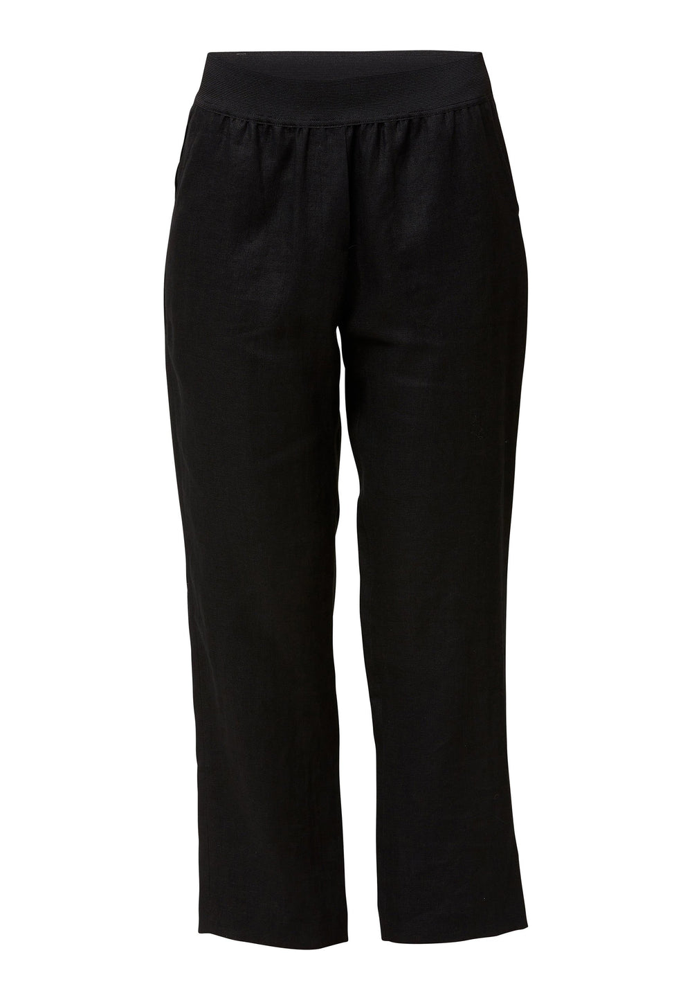 Choose the Vanessa black pant. A loose-fitting, pull-on linen pant that embraces laid-back spirit. A piece you can't travel without. Designed to sit on the high waist for a flattering fit. Features an elasticated waistband. Pair it with a simple tee and the co-ordinating Cassie boyfriend-blazer with trainers for a chic and contemporary look.