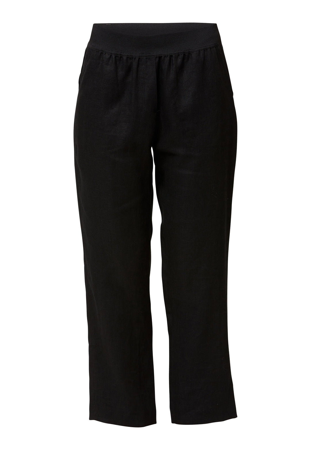 Choose the Vanessa black pant. A loose-fitting, pull-on linen pant that embraces laid-back spirit. A piece you can't travel without. Designed to sit on the high waist for a flattering fit. Features an elasticated waistband. Pair it with a simple tee and the co-ordinating Cassie boyfriend-blazer with trainers for a chic and contemporary look.
