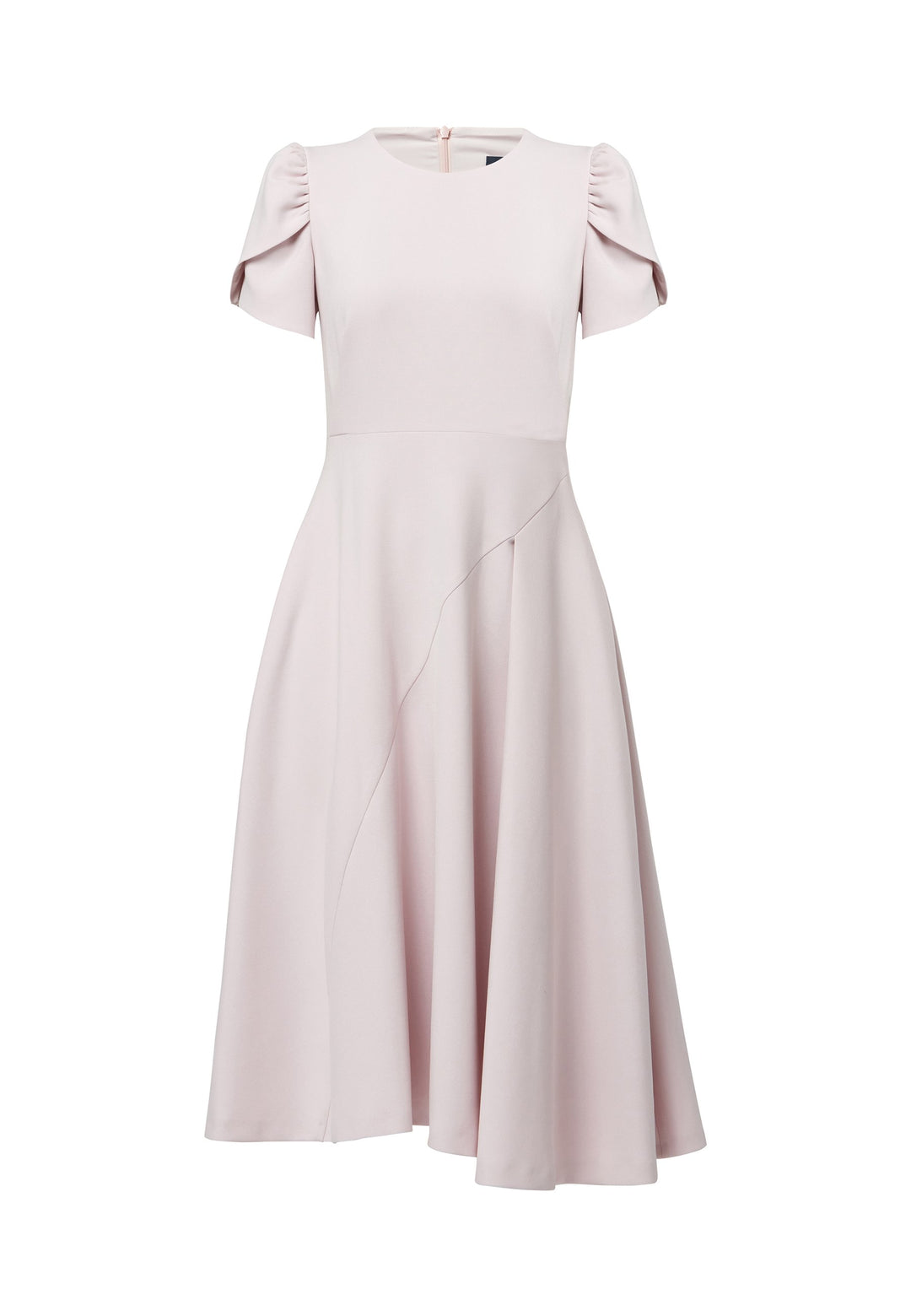 The Vera Soft Pink Dress is a captivating fit-and-flare piece. This feminine round-neck dress showcases a flared skirt that falls to a flattering mid-calf length, complete with practical pockets. The sleeves are adorned with intricate overlapping details, adding a unique touch of interest.