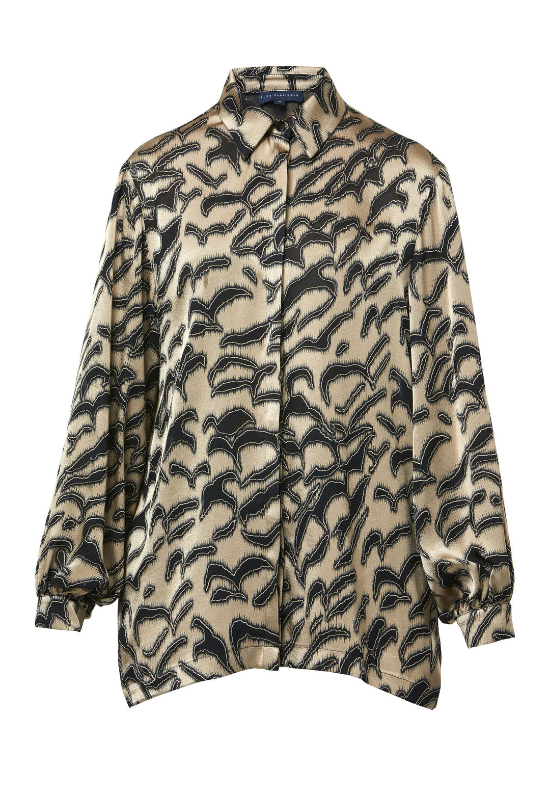 Introducing the Viola Devore Shirt, a stunning and luxurious piece that will make a statement in your wardrobe. This shirt features a captivating gold satin fabric adorned with black abstract details, creating a visually striking design. The voluminous sleeves elegantly flow into a tight buttoned cuff, adding a touch of sophistication. With its slightly dropped shoulders, this shirt offers a relaxed yet stylish fit. 