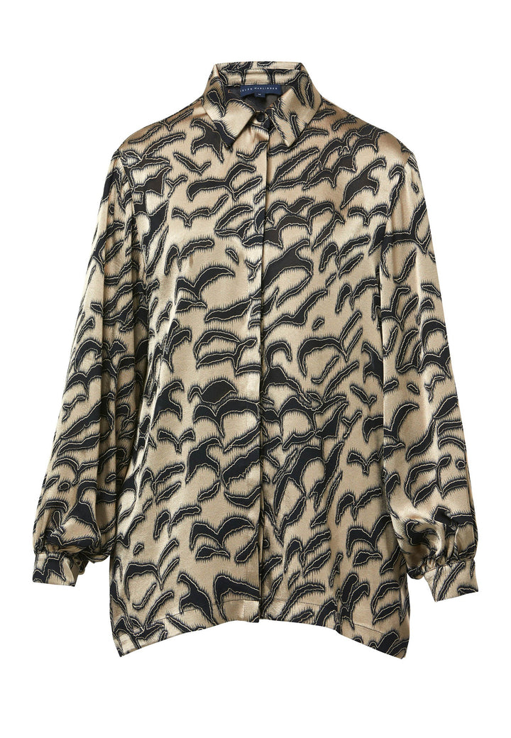 Introducing the Viola Devore Shirt, a stunning and luxurious piece that will make a statement in your wardrobe. This shirt features a captivating gold satin fabric adorned with black abstract details, creating a visually striking design. The voluminous sleeves elegantly flow into a tight buttoned cuff, adding a touch of sophistication. With its slightly dropped shoulders, this shirt offers a relaxed yet stylish fit. 