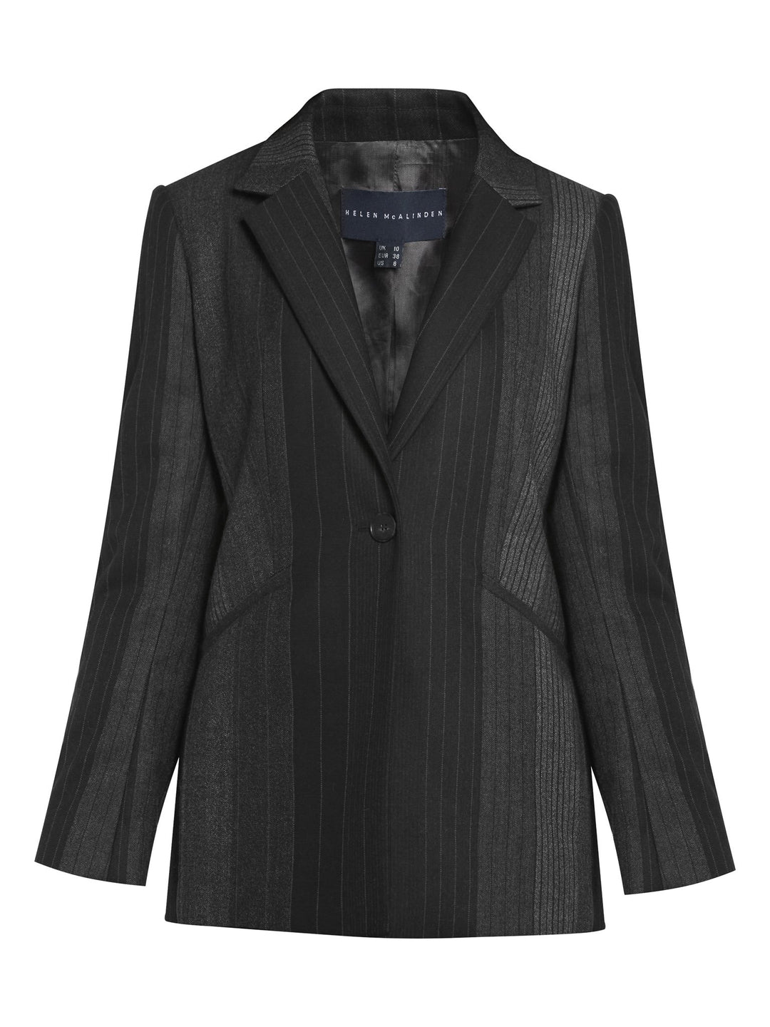 Think Diane Keaton in Manhattan. An elegant jacket fabricated in an androgynous random monotone stripe. A Classic Semi-Fitted silhouette with lapel collar, jeet pockets, lined & tailored with a one-button fastening. Helen proses to style with the co-ordinating Sophie pant & Cora polo-neck top.